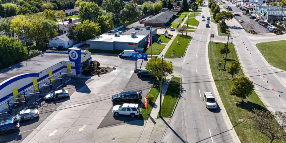 Jax Car Wash Eastpointe aerial exterior roadside location