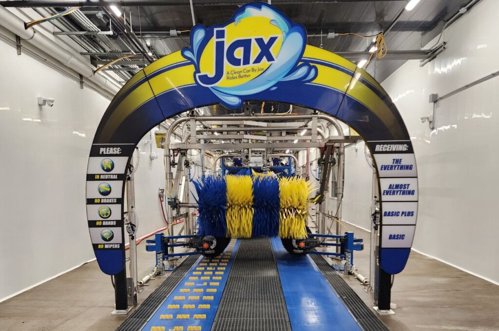 Jax Kar Wash automatic tunnel with blue yellow brushes
