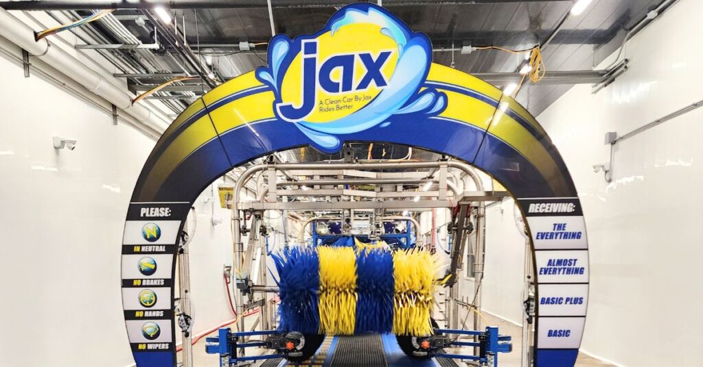 Jax automatic car wash tunnel entrance with brushes