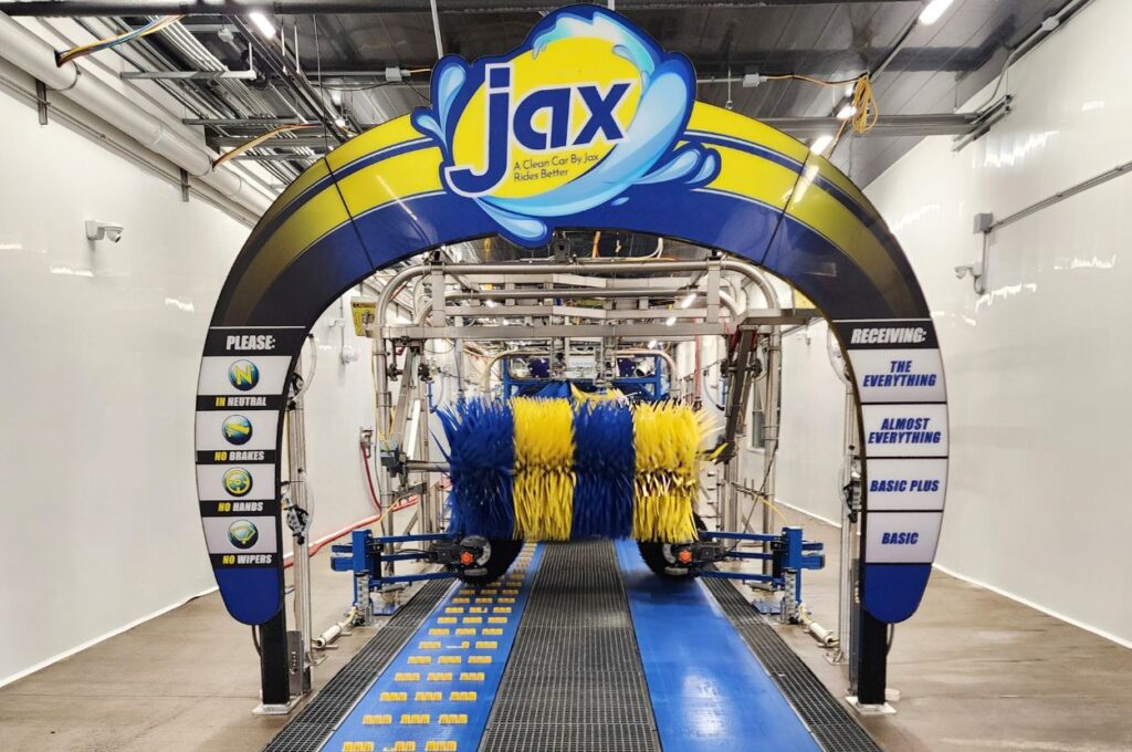 Jax Kar Wash tunnel equipment with blue yellow brushes