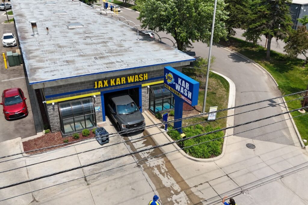 Aerial view of Jax Kar Wash building and driveway.