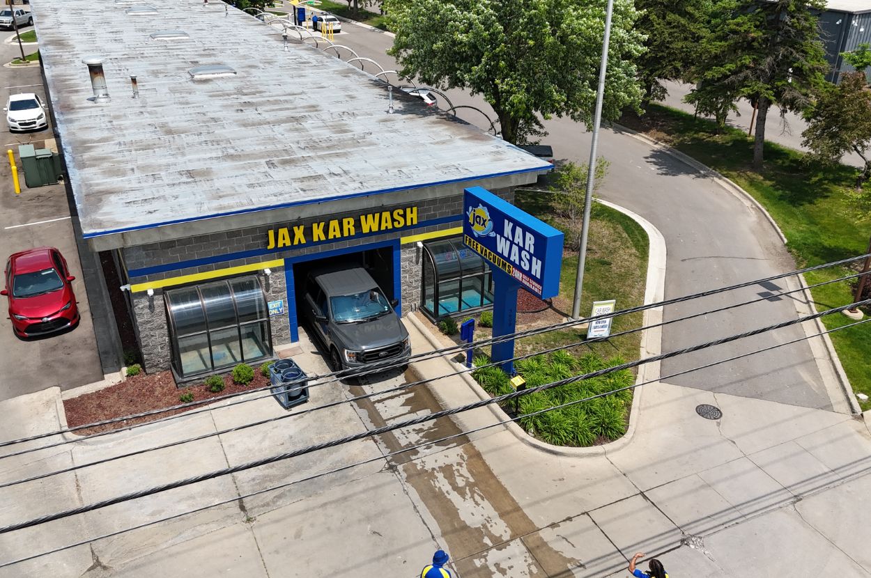 Aerial view of Jax Kar Wash building and driveway.