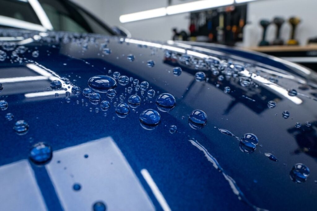 Ceramic-coated car paint with perfectly formed water beads rolling off surface, mirror-like reflections
