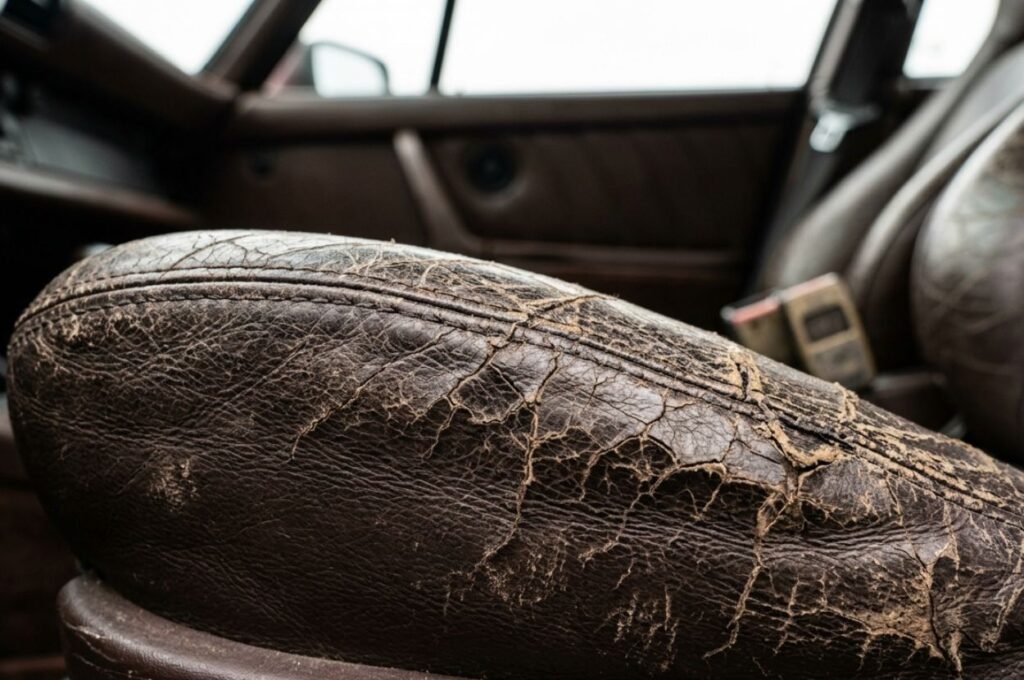 a worn cracked leather car seat inside a vehicle,