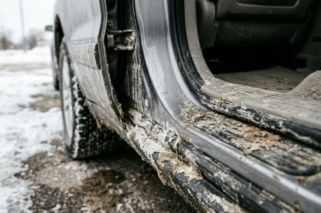 Vehicle door jamb showing accumulated winter road salt, dirt, and grime along painted surfaces and door sills