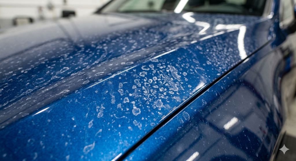 Mineral deposits drying on metallic blue automotive paint