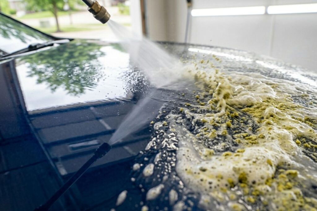 High-pressure water spray washing yellow pollen off a car surface