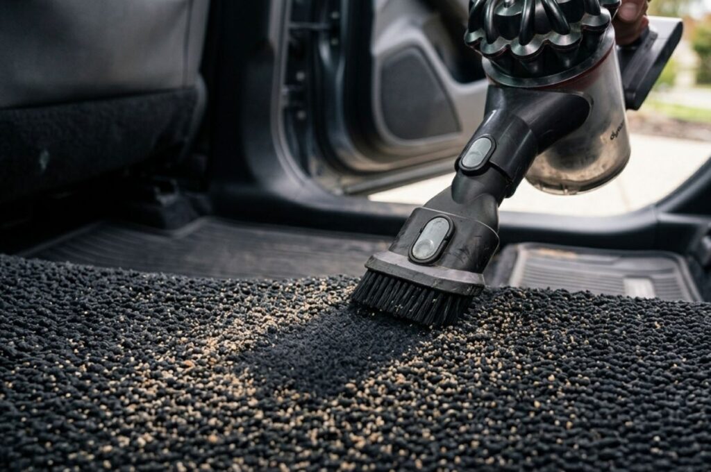 Sand embedded deep within dark vehicle carpet fibers, handheld vacuum nozzle cleaning a family SUV floor mat area