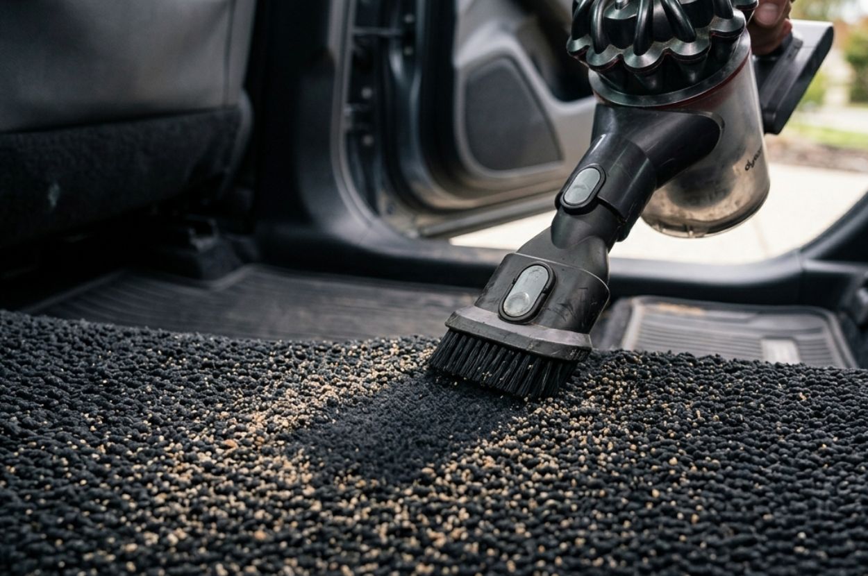 Sand embedded deep within dark vehicle carpet fibers, handheld vacuum nozzle cleaning a family SUV floor mat area