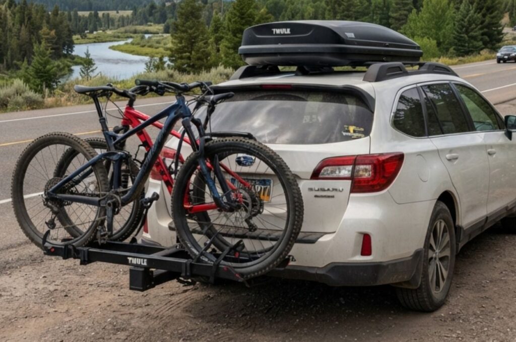 White car with bike rack parked at a road side