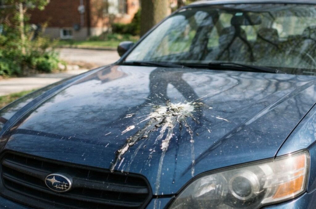 A quite amount of bird poop on a car hood