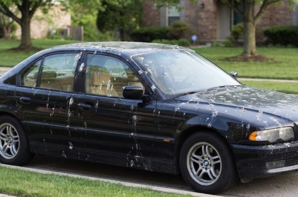 Parked car filled with bird poop