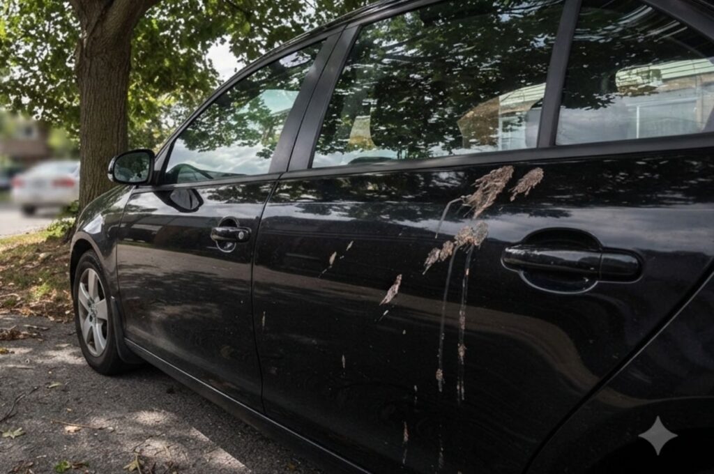 Black car with bird poop parked under a tree