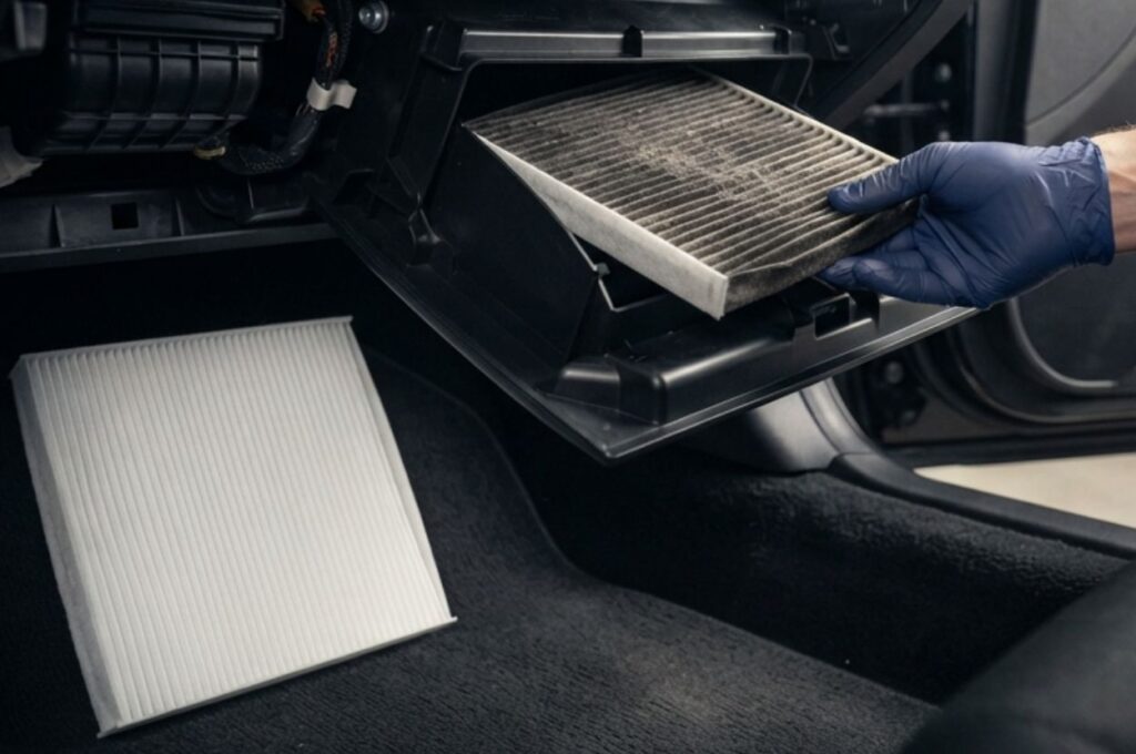 Technician replacing a clean cabin air filter inside a modern vehicle.