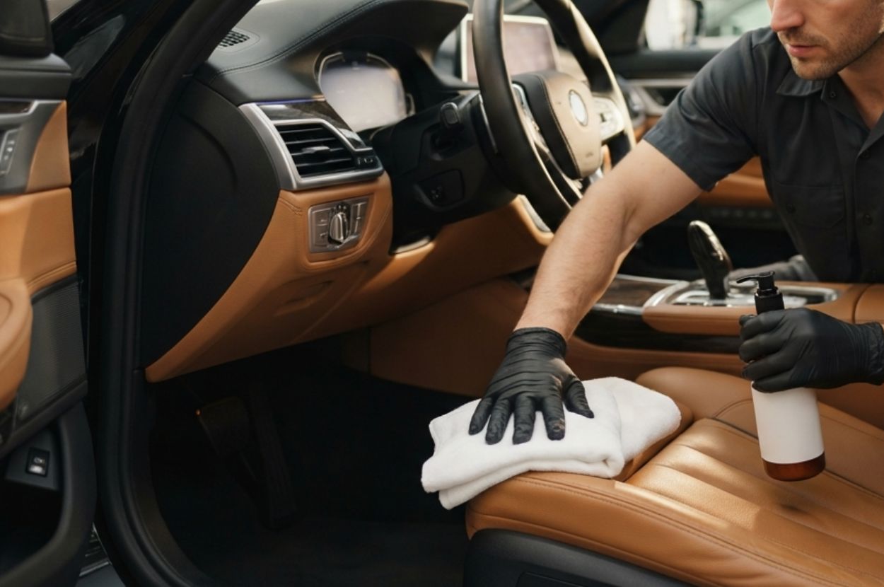 A professional detailer is gently wiping the driver's seat with a clean white microfiber cloth