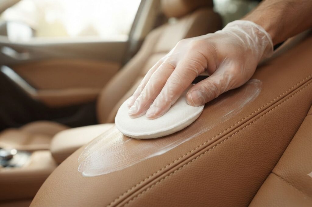 Hand applying premium leather conditioner with a soft microfiber applicator to a smooth tan leather car seat.
