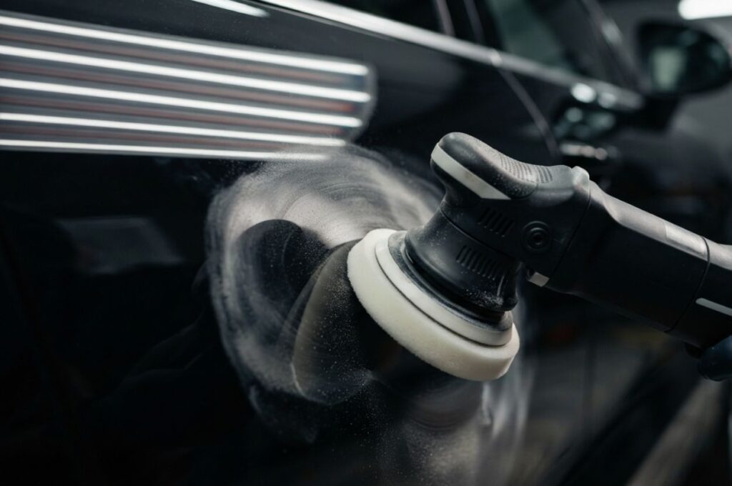 Close-up of a dual-action orbital polisher with a foam polishing pad applying finishing compound to a glossy black vehicle door.