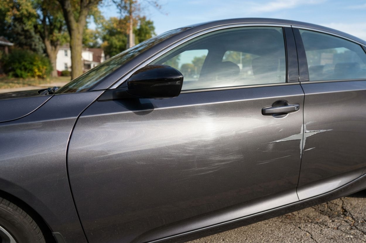 Light and deep car scratches shown on vehicle door