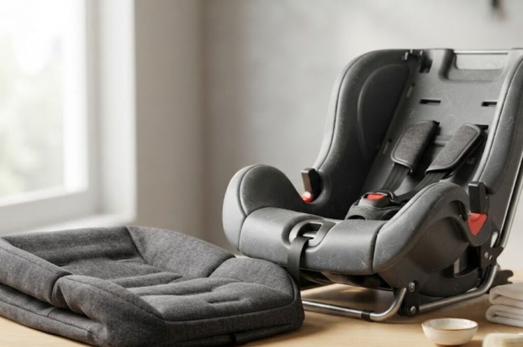 Empty child safety seat removed from a vehicle and placed on a clean workbench during cleaning