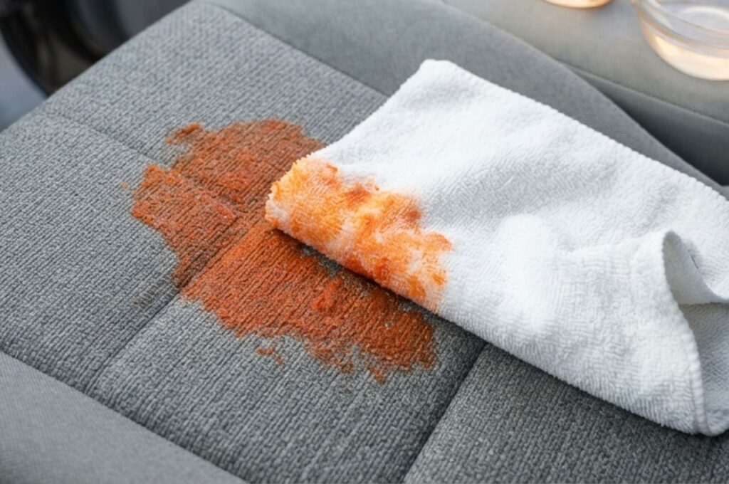 Fresh juice spill on a gray fabric car seat.