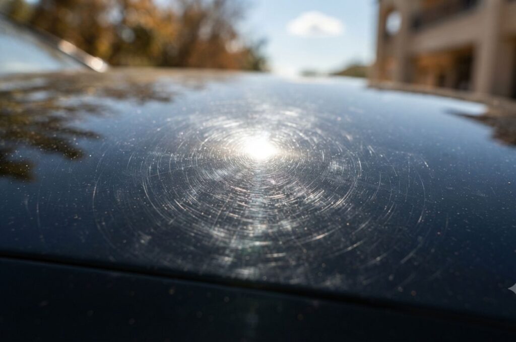 Hood of a black luxury vehicle showing extensive swirl marks