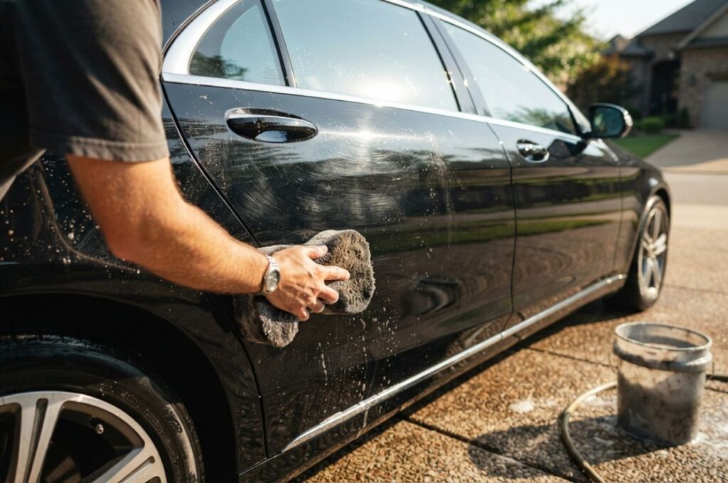 A guy washing a dark-colored luxury sedan in a residential driveway using a dirty sponge and a single bucket of soapy water.