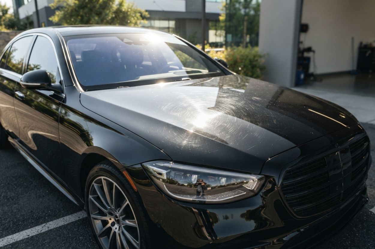 black luxury sedan parked under bright afternoon sunlight.