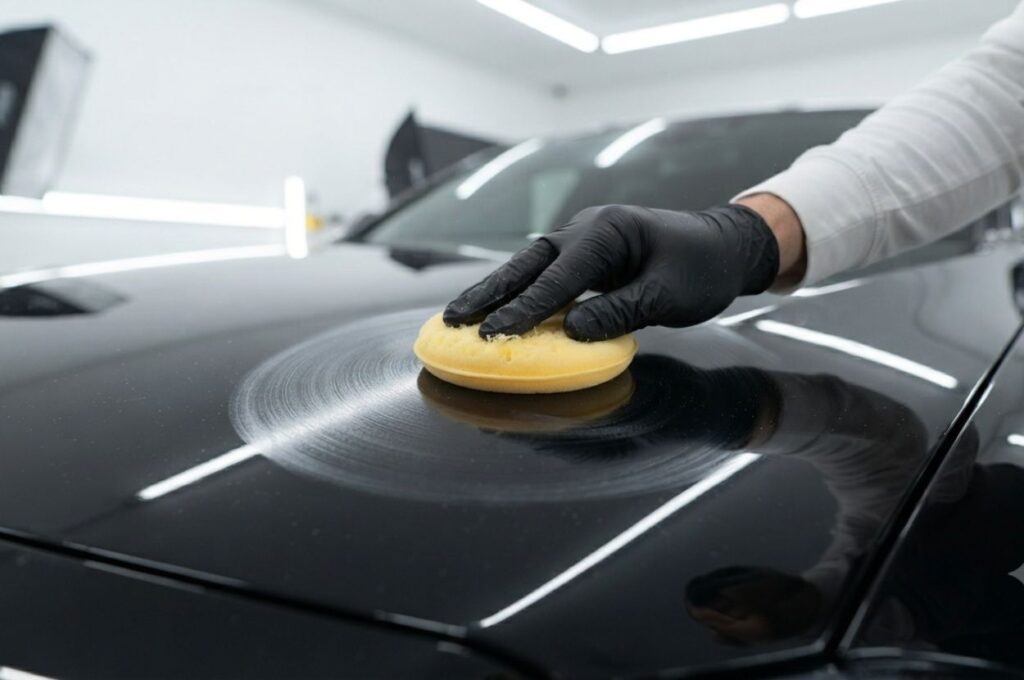 Professional detailer applying premium car wax to a black luxury sedan using a soft foam applicator pad.
