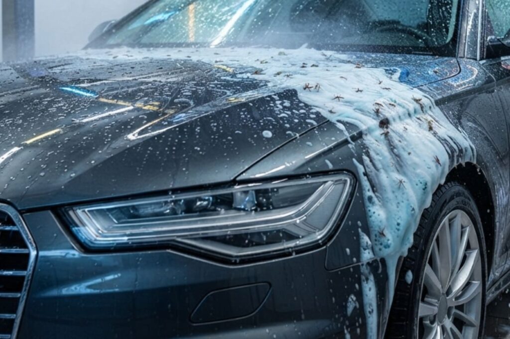 Modern vehicle passing through an automated exterior car wash