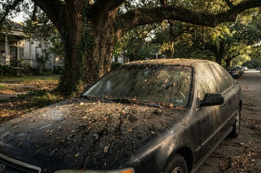 A car parked under the tree