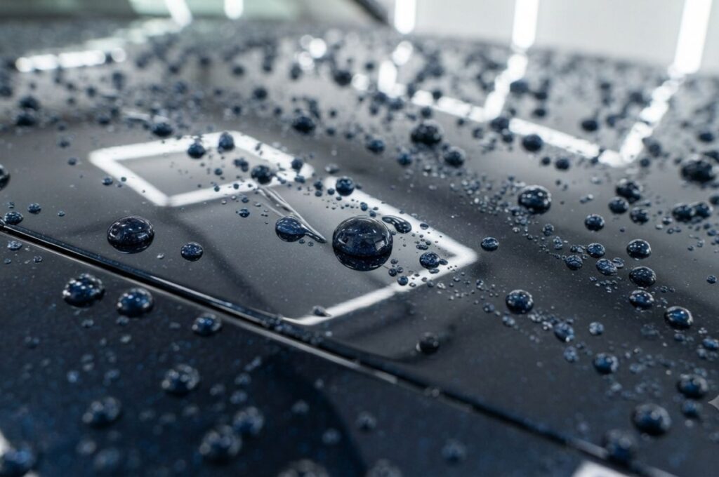 close-up of ceramic-coated automotive paint covered with perfectly round water beads