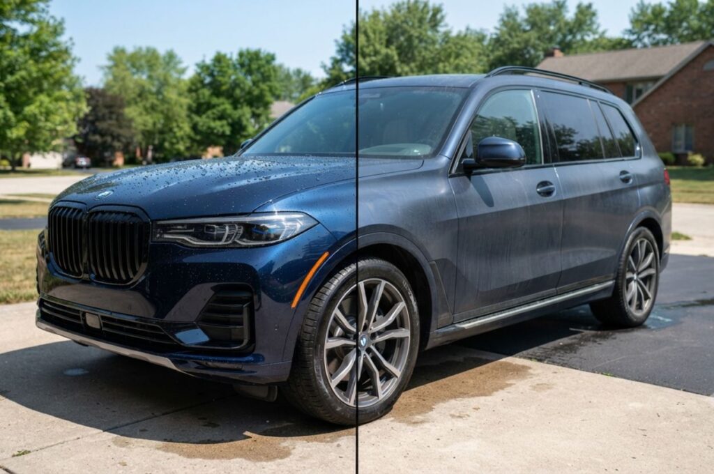 Split-view comparison of a vehicle