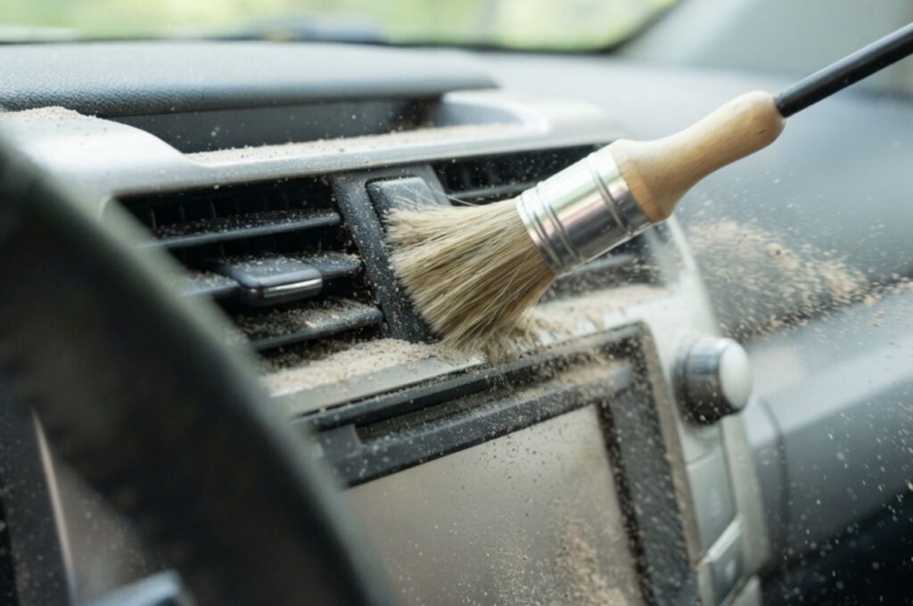 Detail brush removing beach sand from dashboard air vents