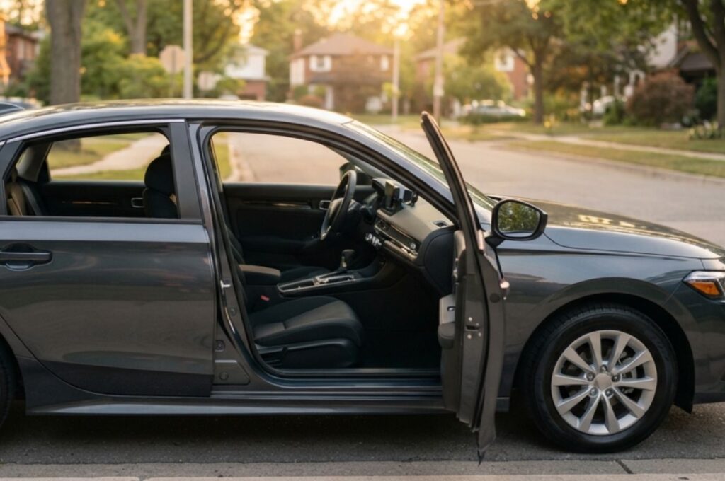Pristine rideshare-style sedan parked on a clean suburban street