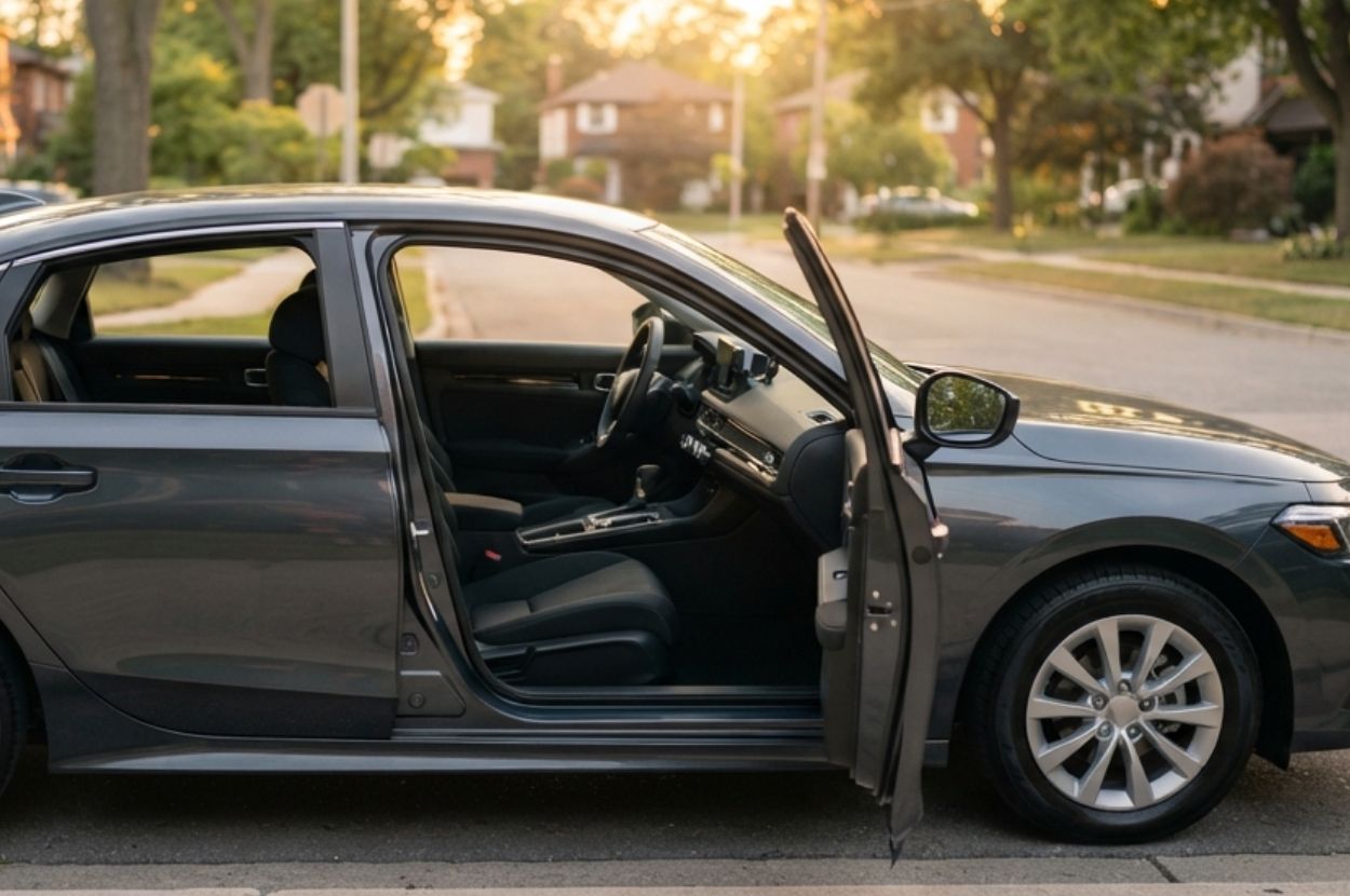 Pristine rideshare-style sedan parked on a clean suburban street