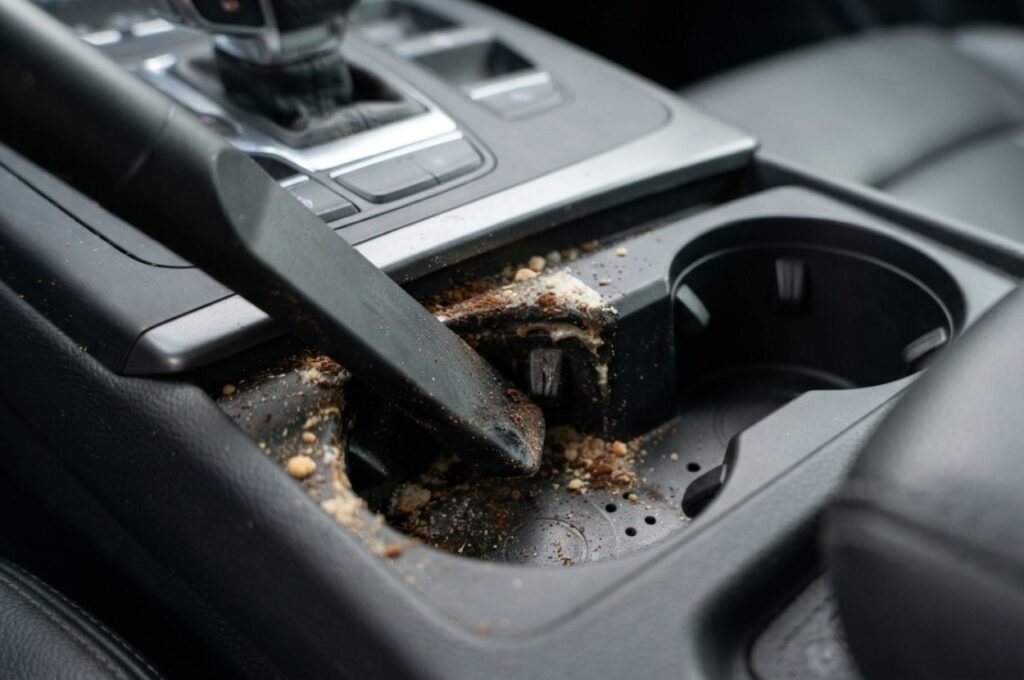 Sticky cup holder gradually becoming clean after vacuuming process