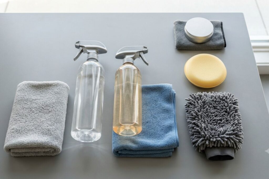 Flat lay of professional automotive bug removal supplies including microfiber towels, bug and tar remover spray, detailing spray bottle filled with water