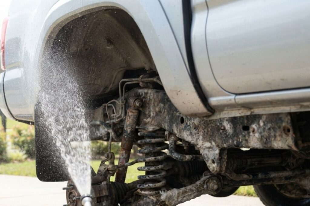 Garden hose spraying water on dirty vehicle undercarriage.