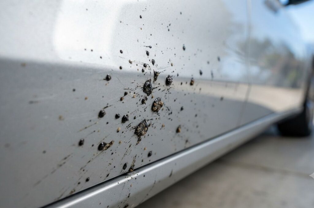 Small black tar spots scattered across the lower door panel of a silver vehicle.