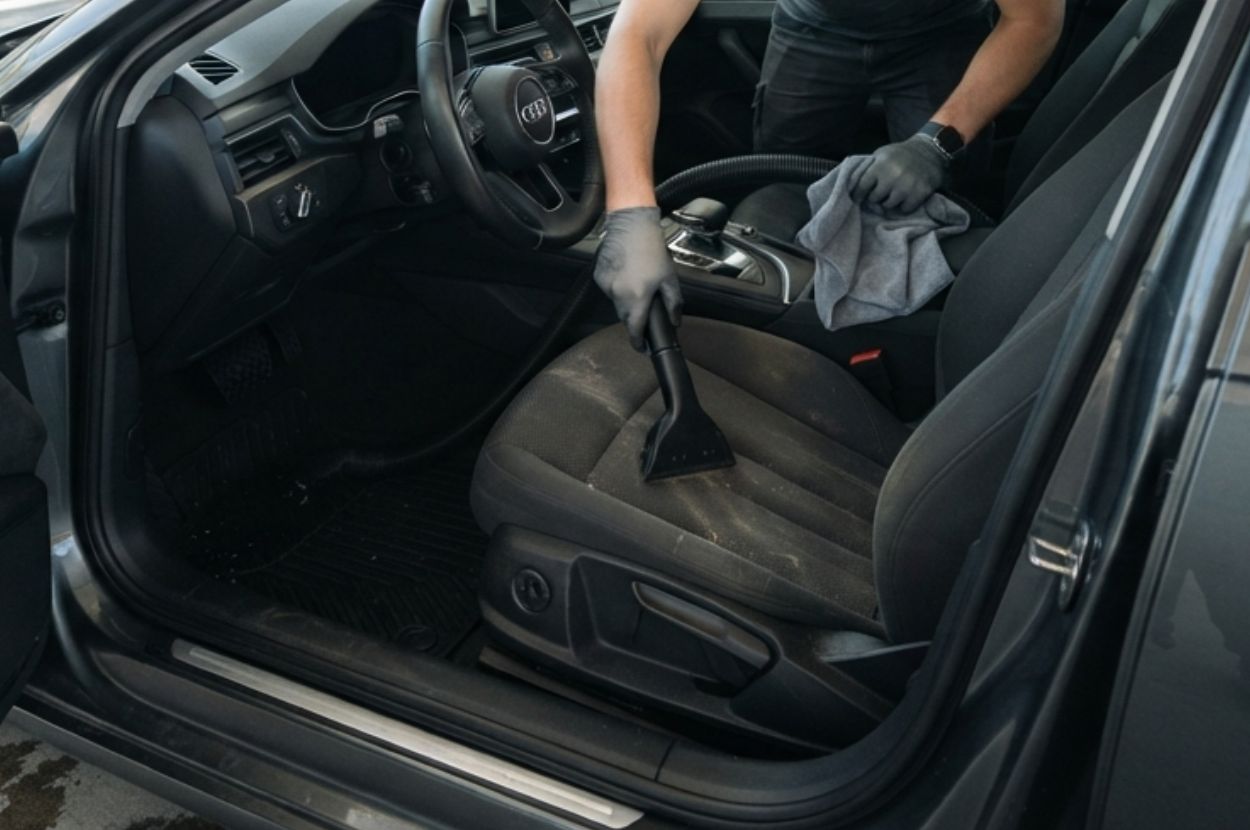 A person is using a commercial vacuum with an upholstery attachment on the driver's seat while holding a microfiber towel nearby.