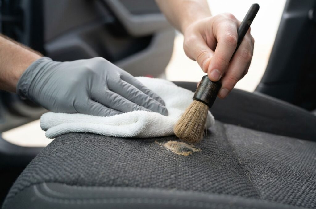 A hand using a white microfiber cloth and a soft detailing brush to gently clean a small coffee stain on a dark gray cloth car seat