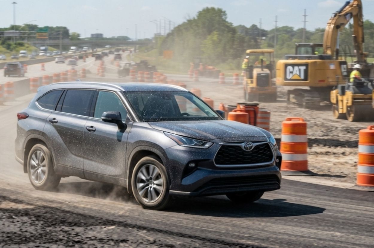 A car passing by construction site