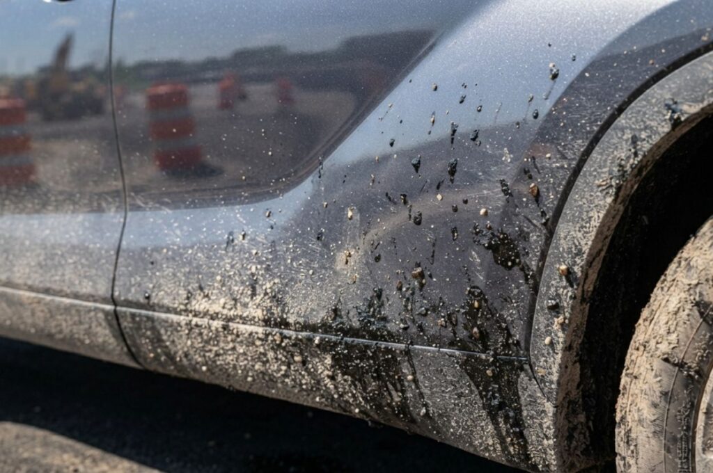 side panel of a dark-colored SUV covered with fresh road grime, sticky tar spots, oily asphalt residue