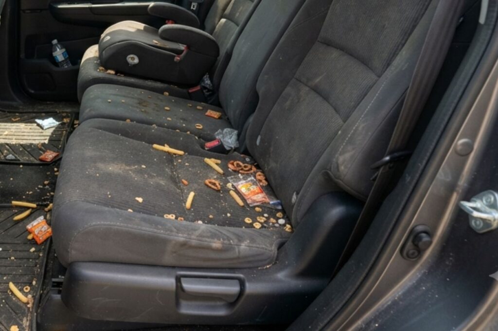 Ultra-realistic interior of a modern family vehicle showing realistic everyday messes including crushed cereal, Cheerio dust, French fries, cracker crumbs, an empty juice box, and small snack debris scattered across fabric rear seats and floor mats. The scene feels authentic but not excessively dirty, representing a typical busy family car. Bright natural lighting, highly detailed upholstery textures, editorial automotive photography, HDR, 8K, no people, no branding, no text.