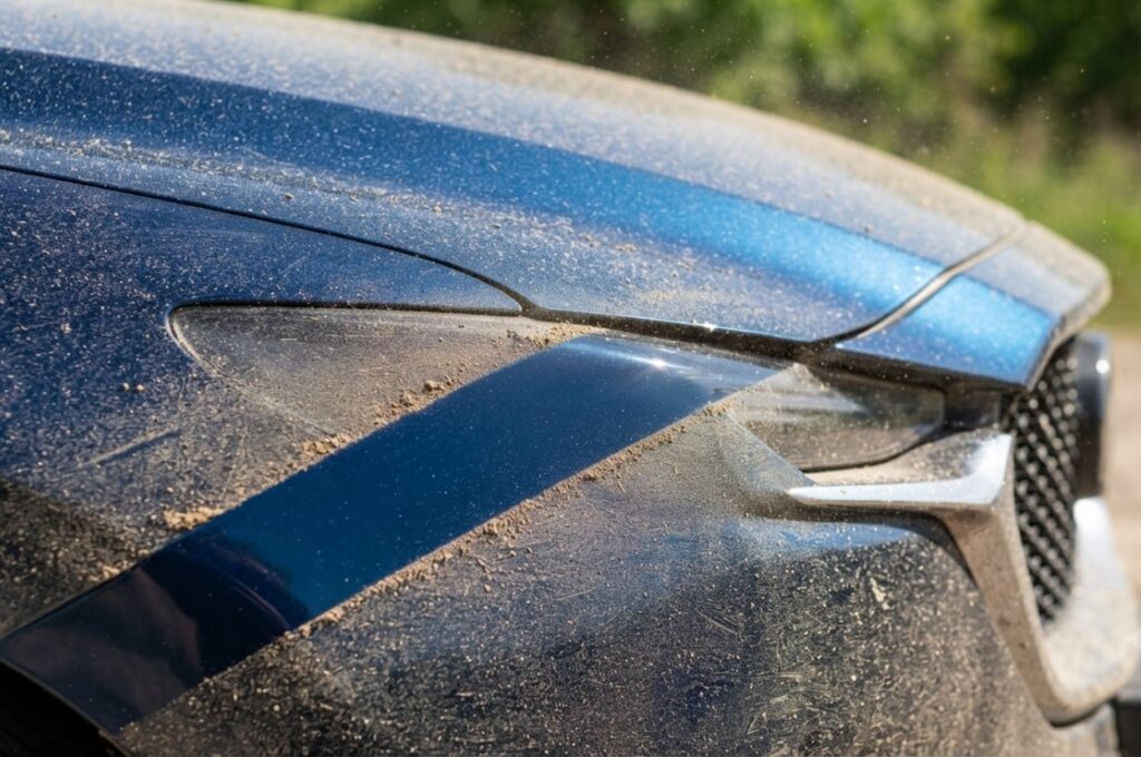 Fine gravel road dust covering clean vehicle exterior paint