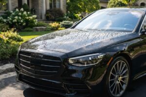 Glossy black luxury sedan parked outdoors on a sunny summer afternoon