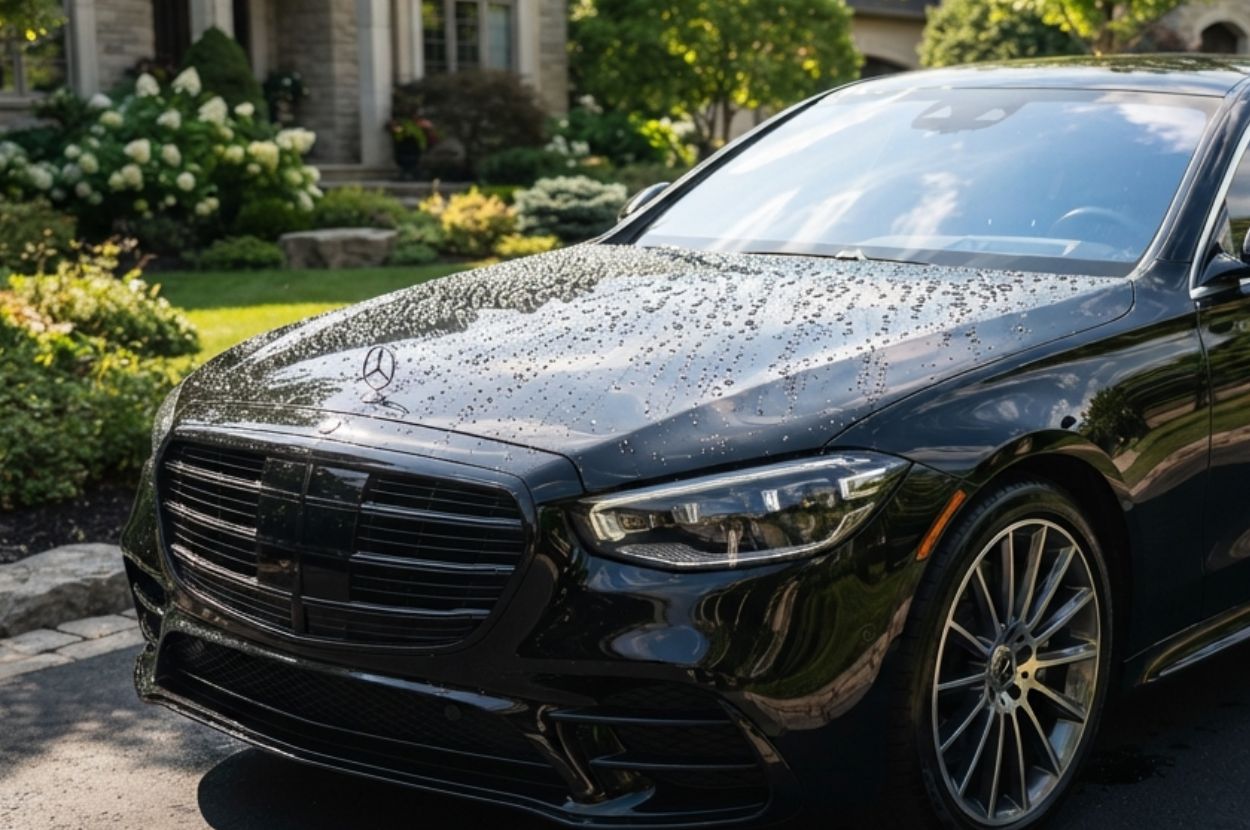 Glossy black luxury sedan parked outdoors on a sunny summer afternoon