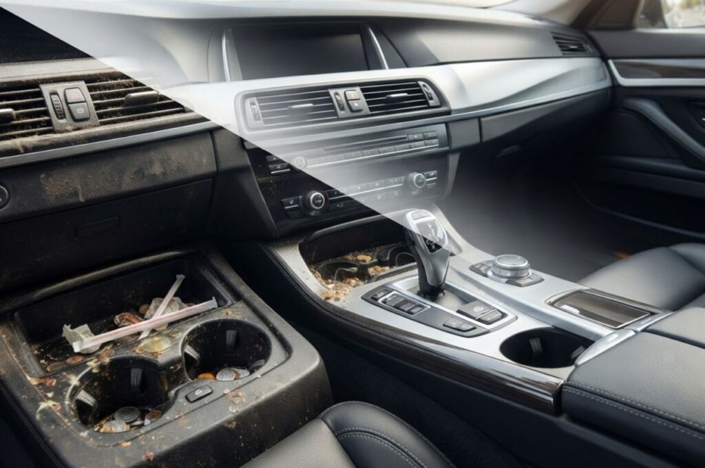 Dirty car interior transforming into freshly cleaned organized cabin