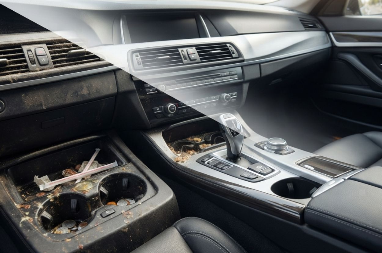 Dirty car interior transforming into freshly cleaned organized cabin