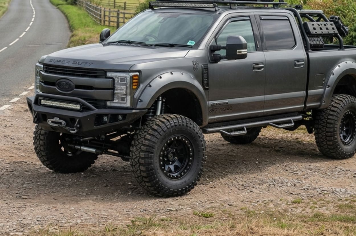 Dark lifted pickup parked beside a highway